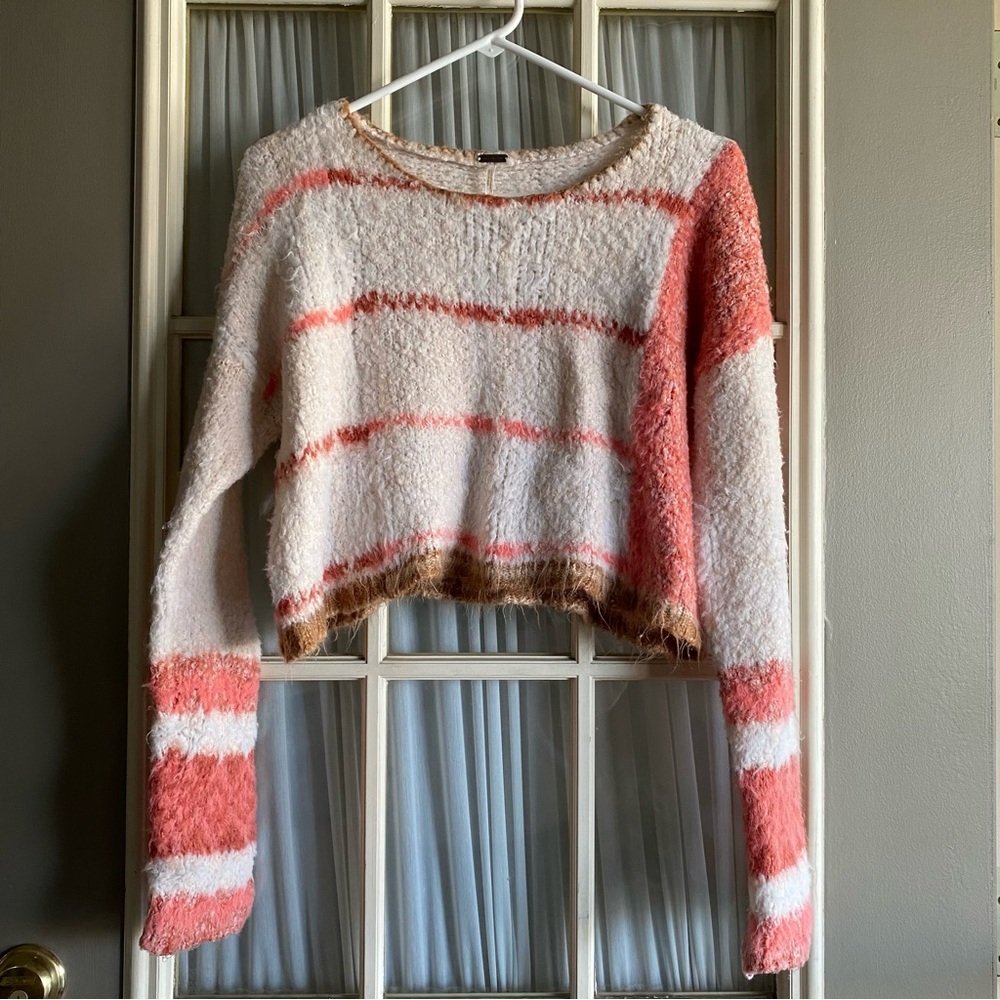 Free People Emerson Cream and Pink Striped Cropped Sweater
